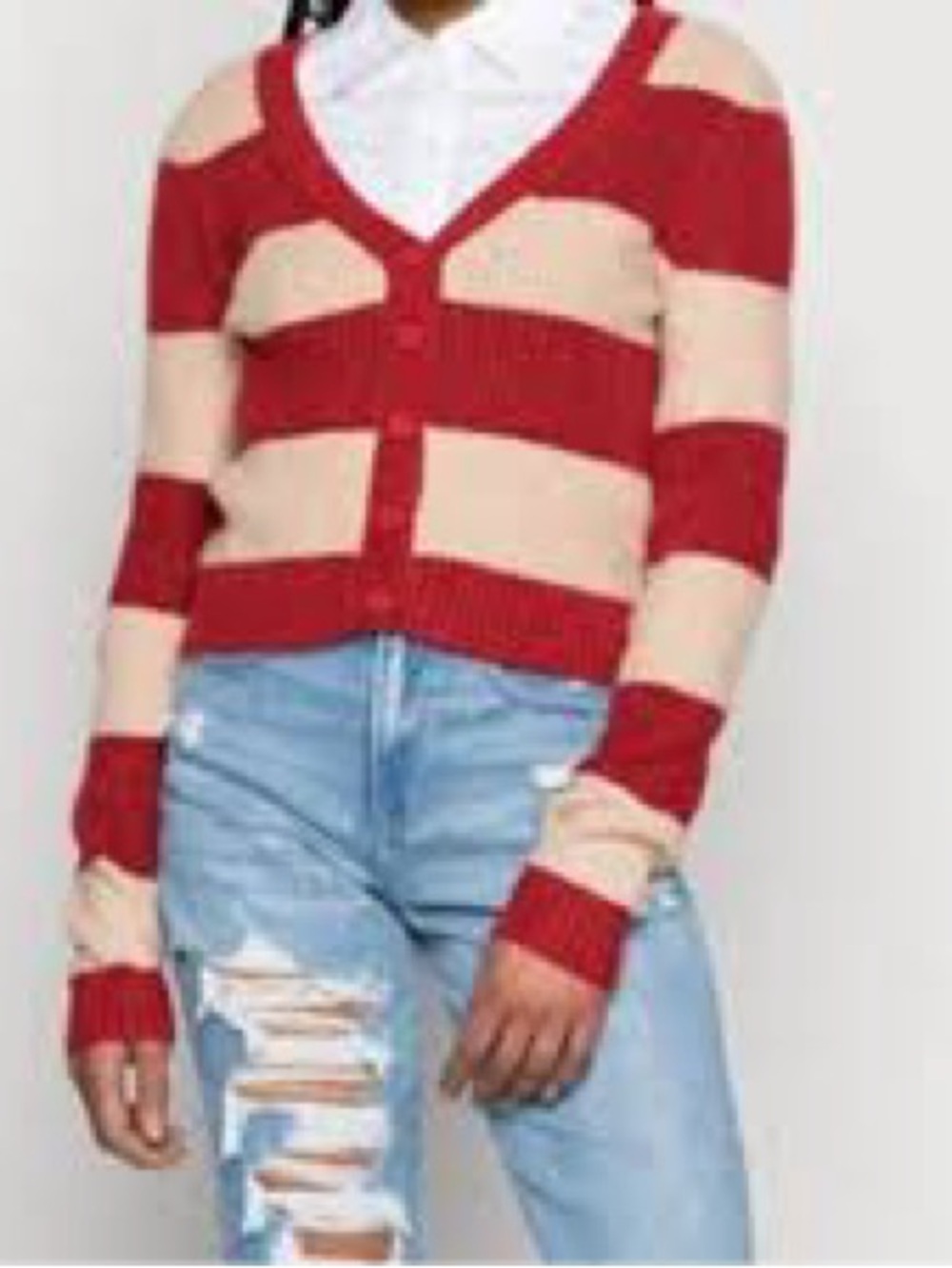 American Eagle Red & Cream Striped Button Front Cardigan Sweater Size Smal
